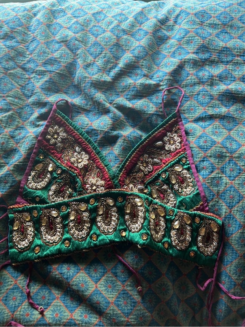 Boho Embellished Green and Red Beaded Halter Top recycled saree hippie rave